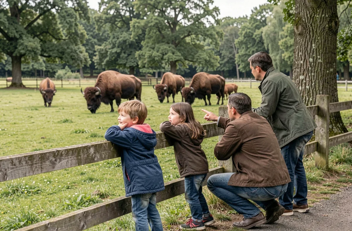 Famille observant des bisons européens dans leur enclos naturel au Parc Animalier de Sainte-Croix en Moselle