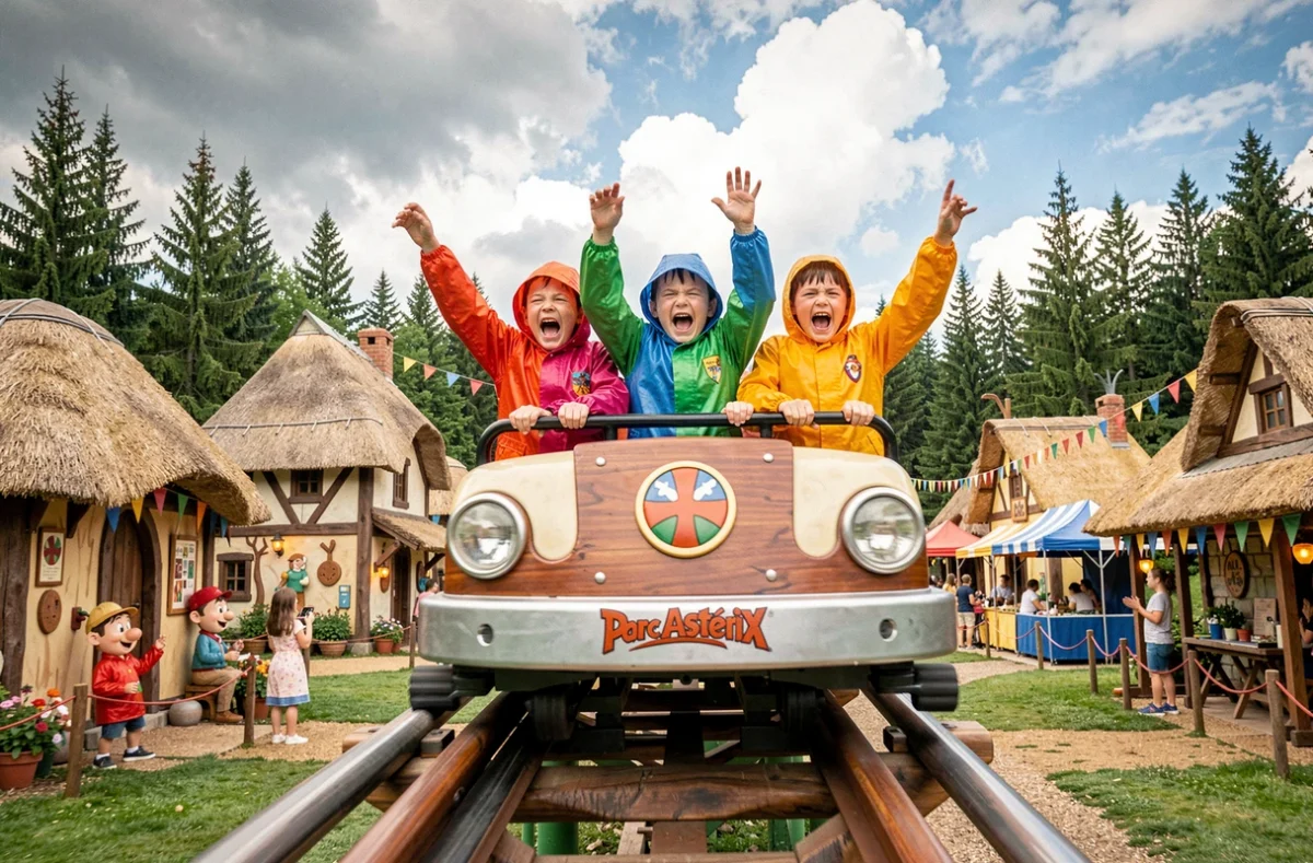 Des enfants en poncho coloré criant de joie dans un manège thématique au Parc Astérix