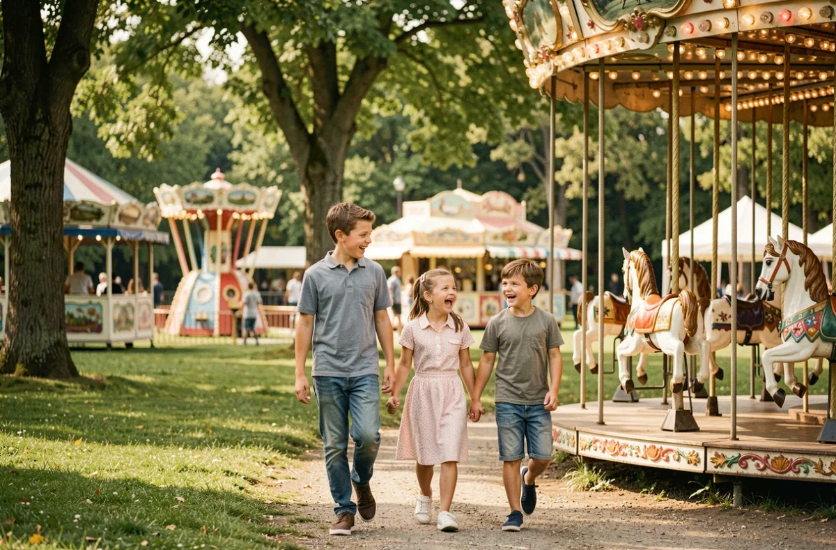 Famille avec enfants découvrant les attractions du Parc des Combes au Creusot, avec manège rétro et arbres centenaires en arrière-plan