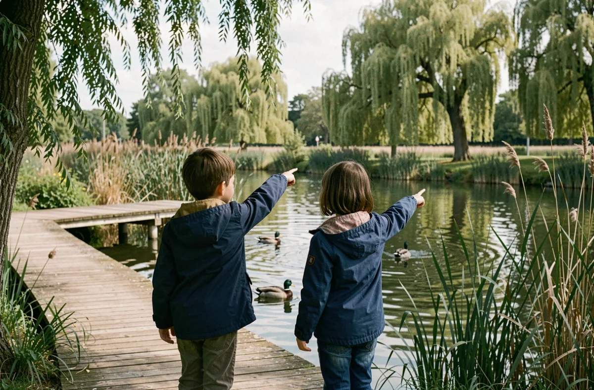 Deux enfants explorant les passerelles en bois et les étangs du Parc des Naudières en Loire-Atlantique