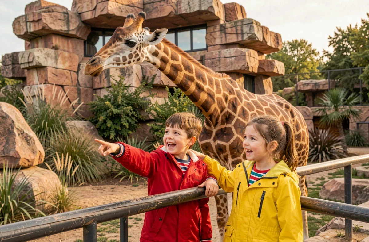 Un garçon et sa petite sœur émerveillés par une girafe au Parc Zoologique de Paris à Vincennes