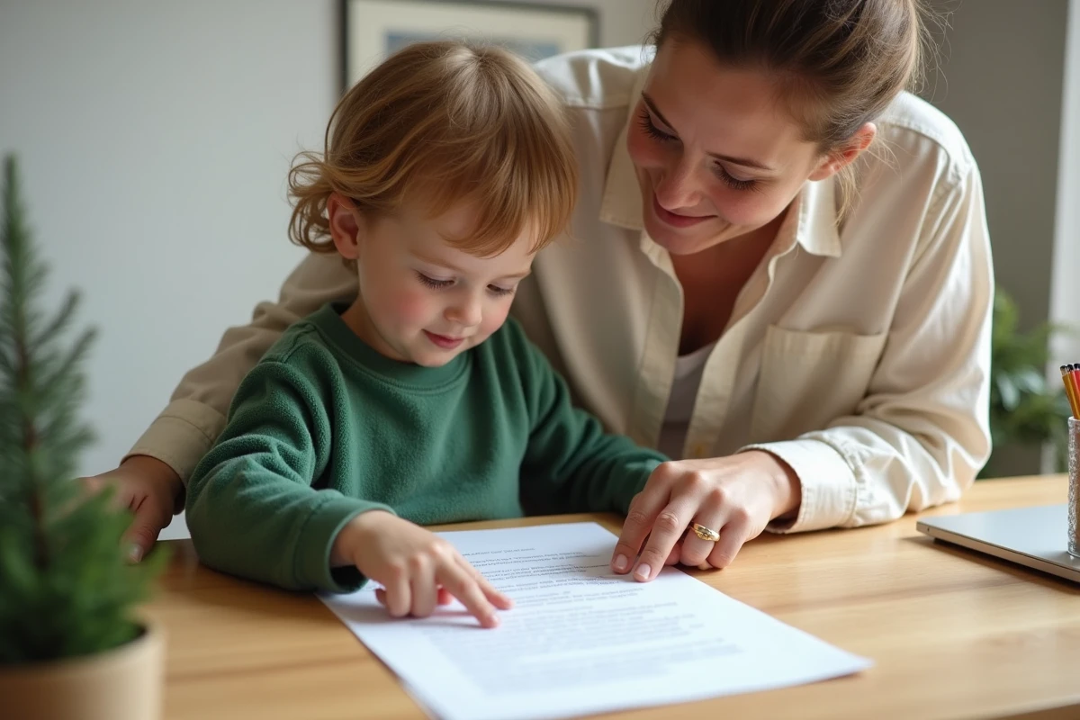 Parent et enfant en bas âge regardant ensemble une lettre au père Noël imprimée posée sur un bureau en bois