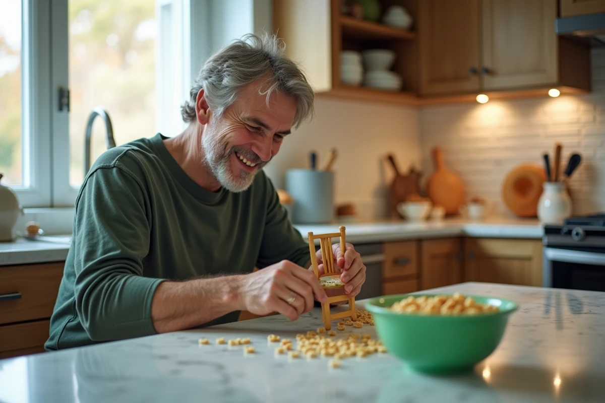 Parent préparant une farce de Noël avec une chaise et du cereal vert