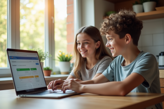 Parent et adolescent utilisant un ordinateur dans la cuisine