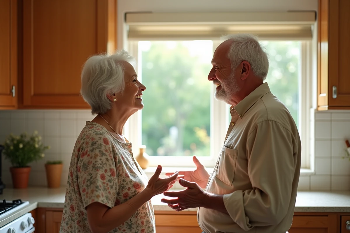 Couple de parents âgés dans leur cuisine évoquant l'histoire familiale et les origines de leur fils
