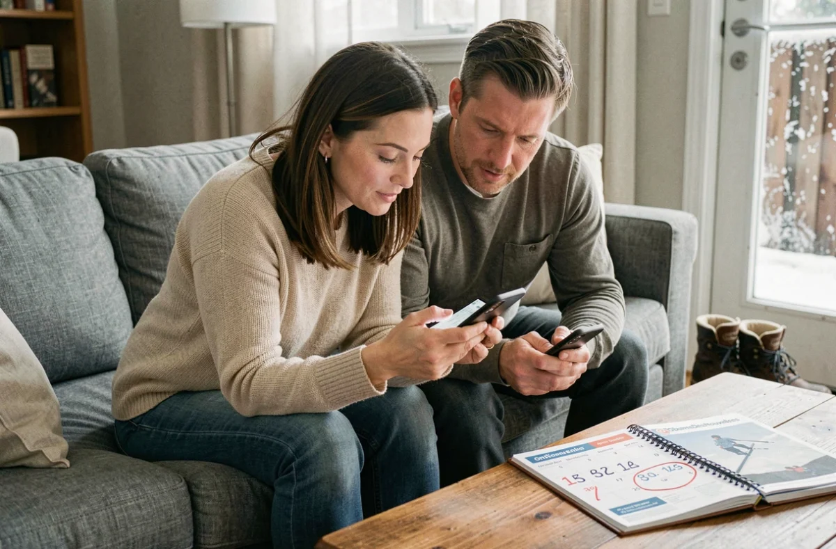 Deux parents consultant ensemble l'application OnDonneDesNouvelles sur un smartphone pour paramétrer les alertes avant la classe de neige