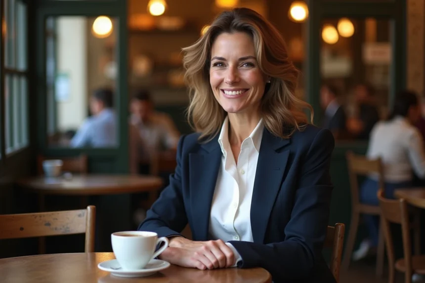 Femme élégante dans un café parisien, illustrant un article sur la vie de couple de Pauline Sanzey