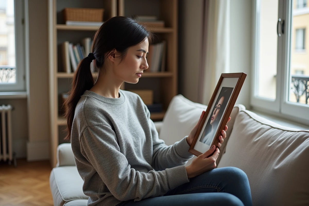 Femme tenant une photo encadrée dans un appartement parisien, illustrant l'intimité du couple de Pauline Sanzey