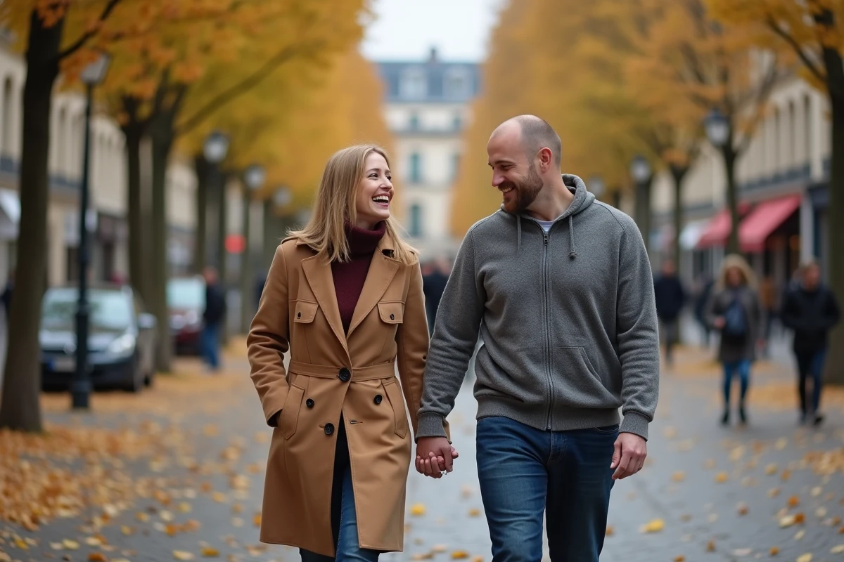 Couple se promenant sur une avenue parisienne en automne, évoquant la relation de Pauline Sanzey et son mari