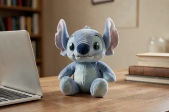 Peluche Stitch bleue posée sur un bureau en bois à côté d'un ordinateur portable ouvert dans un bureau à domicile cosy
