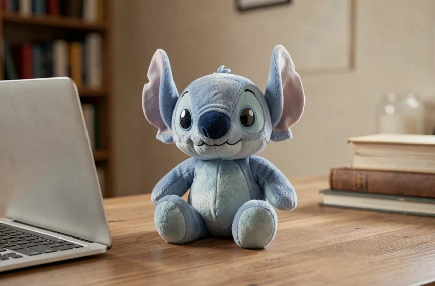 Peluche Stitch bleue posée sur un bureau en bois à côté d'un ordinateur portable ouvert dans un bureau à domicile cosy