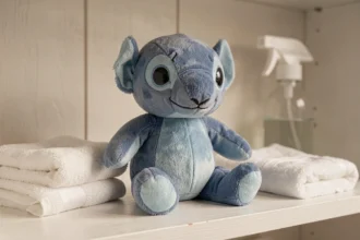 Peluche Stitch bleue posée sur une étagère blanche avec des accessoires d'entretien, montrant les détails de tissu et l'état d'usure naturel