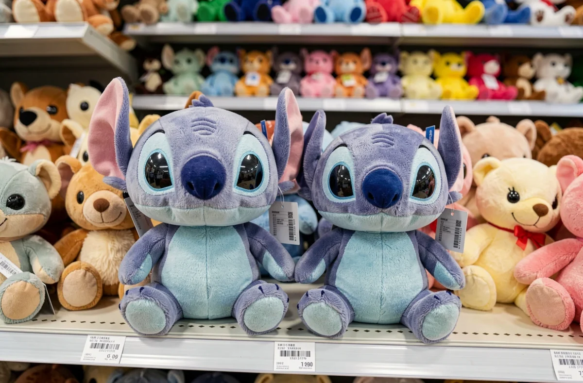 Deux peluches Stitch de tailles différentes côte à côte sur une étagère de magasin de jouets avec des étiquettes de prix visibles