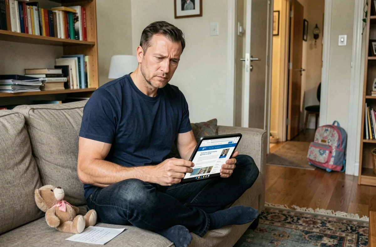 Père consulant un site de divorce par internet sur une tablette dans son appartement avec des affaires d'enfant visibles