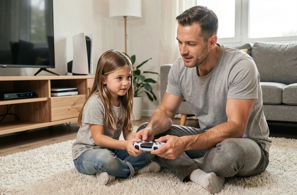 Père et fille jouant à la PS5 ensemble sur un tapis dans le salon, complicité parentale et manette DualSense partagée