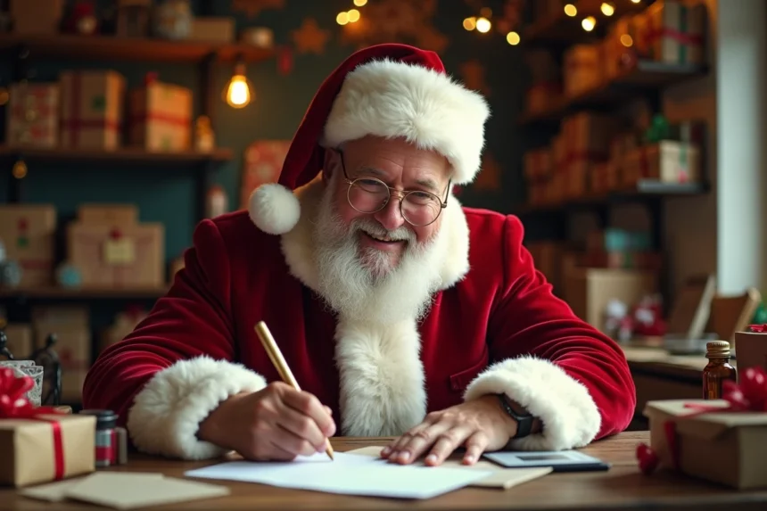 Père Noël rigolo assis à un bureau en bois écrivant une lettre humoristique avec une plume, entouré d'enveloppes colorées et de cadeaux dans un atelier chaleureux