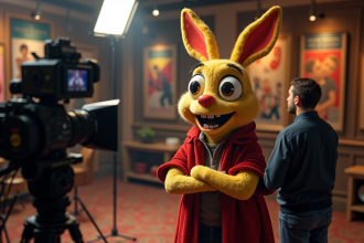 Personnage OuiOui souriant en studio de tournage avec lumières