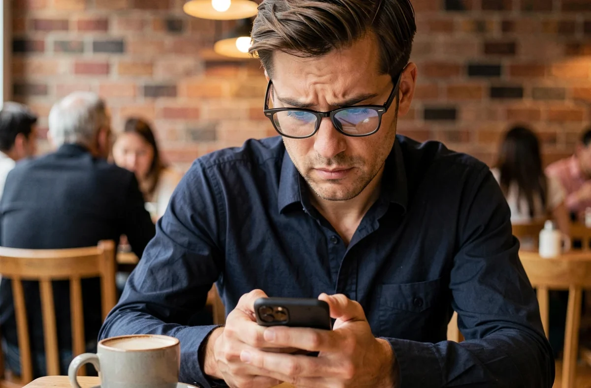 Homme personnalisant son profil utilisateur sur l'application Mamzin dans un café urbain