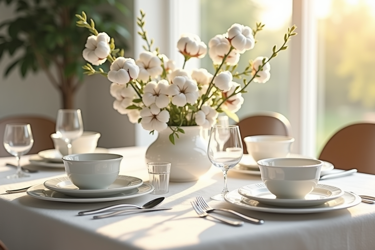 Table de petit déjeuner d anniversaire décorée avec coton et fleurs