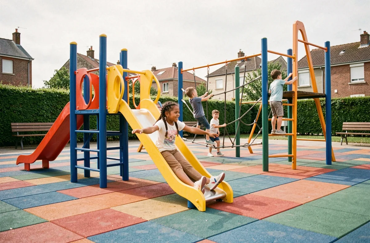 Enfants jouant sur la grande plaine de jeux colorée des Korrigans à Savenay en Loire-Atlantique