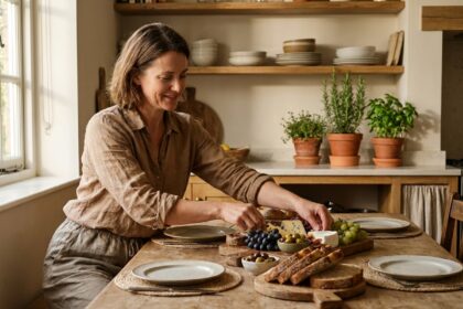 Femme arrangeant un plateau apéritif généreux pour recevoir des amis sans effort en cuisine