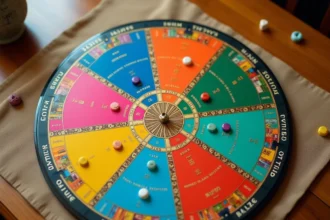 Plateau de jeu Trivial Pursuit vu de dessus avec ses cases colorées et ses zones spéciales