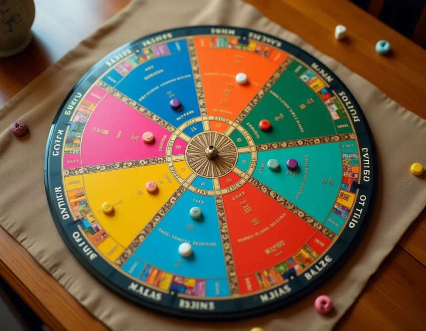 Plateau de jeu Trivial Pursuit vu de dessus avec ses cases colorées et ses zones spéciales