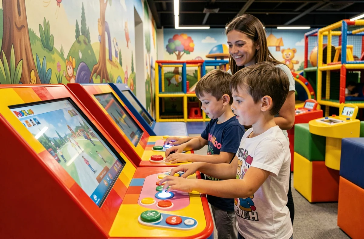 Deux enfants jouant sur une borne interactive colorée à Pokeyland, parc de loisirs intérieur pour familles