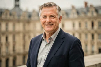 Portrait d'un homme élégant dans la cinquantaine devant un paysage urbain européen, illustrant le mystère médiatique autour de Philippe Gougler