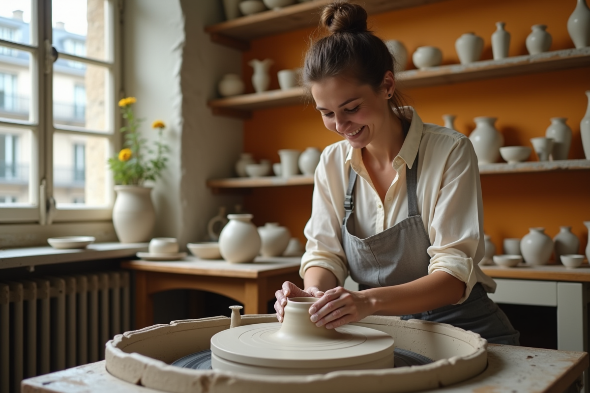 Femme souriante façonnant de l'argile dans un atelier parisien