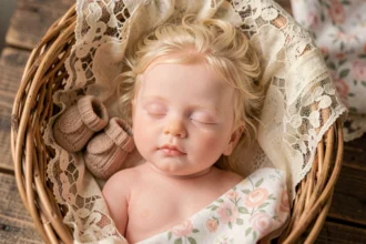 Poupée reborn fille réaliste endormie dans un panier en osier avec des accessoires tricotés pastel