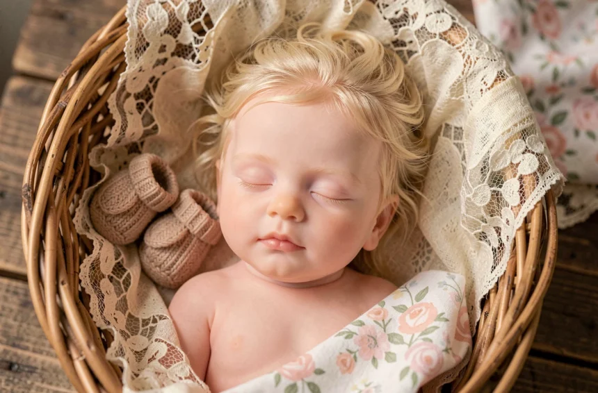 Poupée reborn fille réaliste endormie dans un panier en osier avec des accessoires tricotés pastel