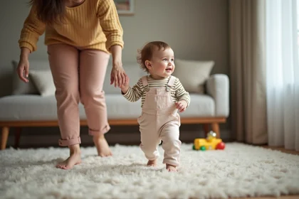 Bebe fille de 14 mois marche vers sa maman dans un salon chaleureux