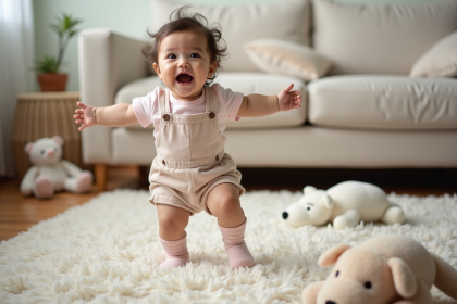Jeune fille de 18 mois en salopette pastel en train de marcher