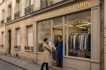 Femme déposant des vêtements dans un pressing parisien de quartier avec devanture vintage