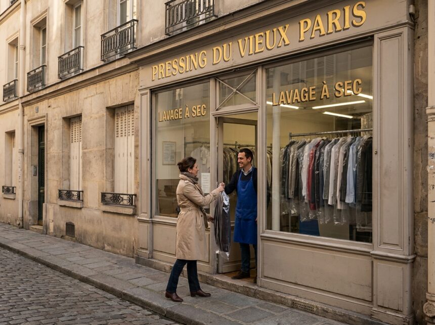 Femme déposant des vêtements dans un pressing parisien de quartier avec devanture vintage