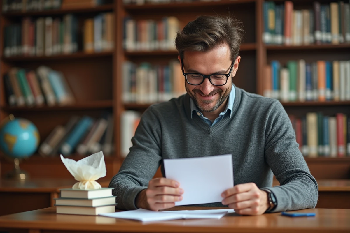 Professeur lisant une carte de remerciements à son bureau dans une bibliothèque scolaire