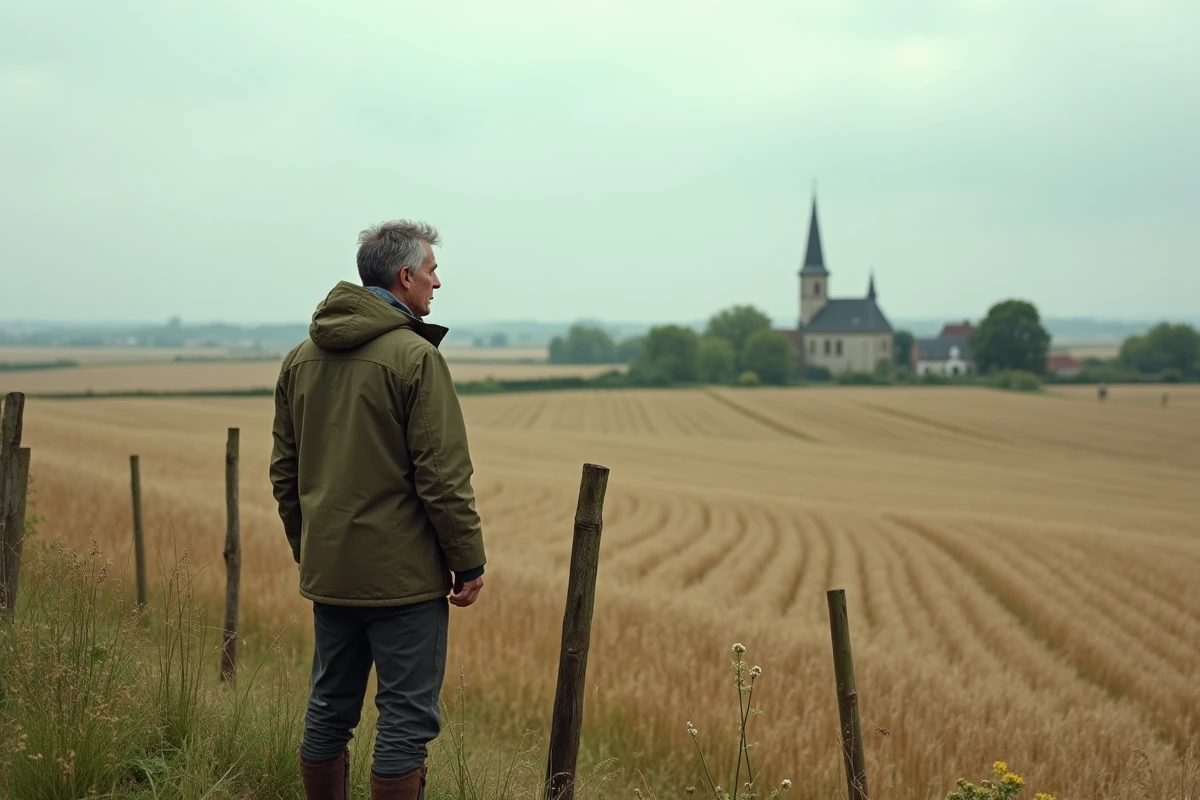 Homme en veste de randonnée contemplant le paysage agricole du Parc naturel du Vexin lors d'une escapade nature le week-end en Île-de-France