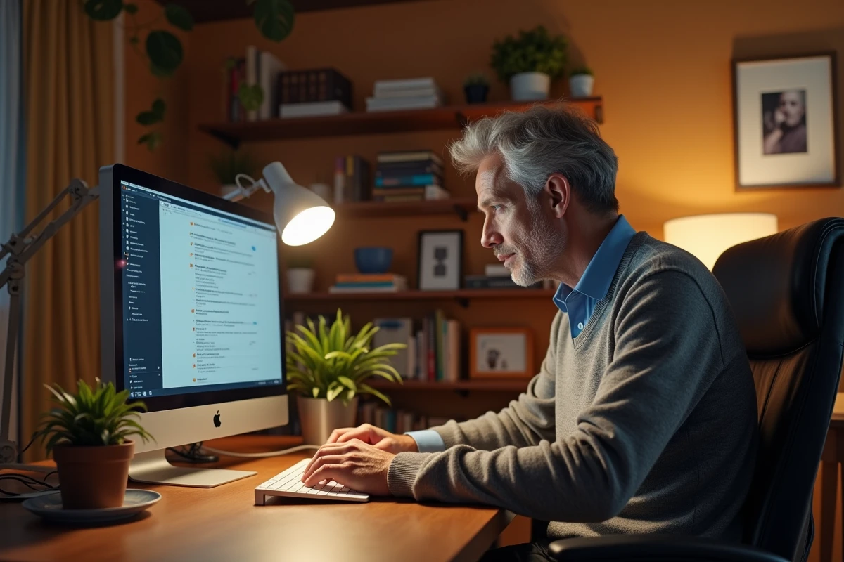 Personne tapant une recherche internet sur un ordinateur de bureau dans un bureau à domicile, évoquant les recherches des internautes sur des personnalités médiatiques