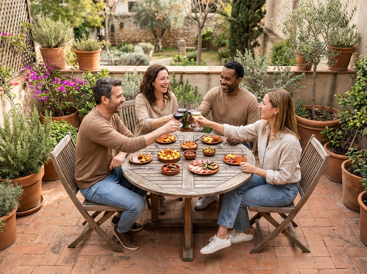 Groupe d'amis partageant des tapas en terrasse lors d'un repas convivial sans préparation longue
