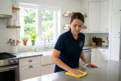 Technicienne de ménage professionnelle en uniforme nettoyant le plan de travail d'une cuisine moderne dans le cadre d'une routine d'entretien à domicile