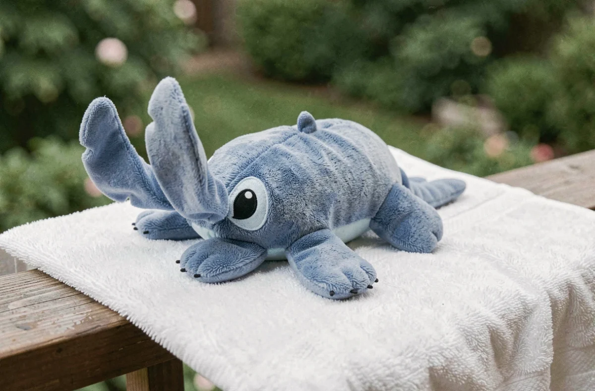 Peluche Stitch humide posée à plat sur une serviette blanche pour séchage à l'air libre sur un balcon en bois, entourée de verdure floue