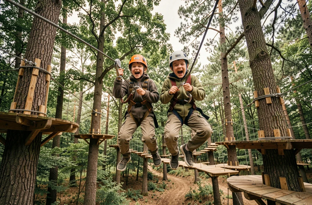 Deux enfants en tyrolienne dans les arbres au Sherwood Parc, portant casques et harnais de sécurité