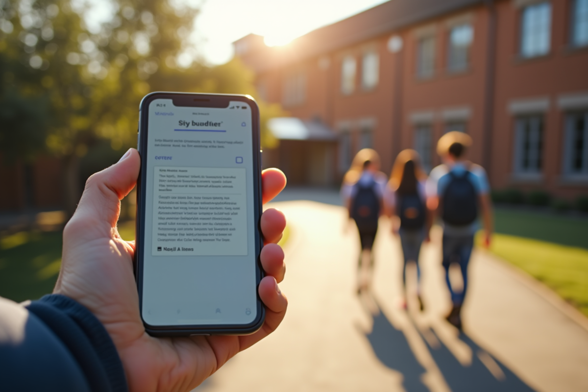 Main tenant un smartphone avec l application Pronote devant l ecole