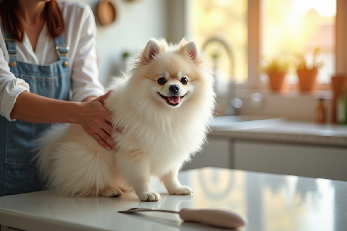 Propriétaire brossant un pomeranian dans la cuisine lumineuse