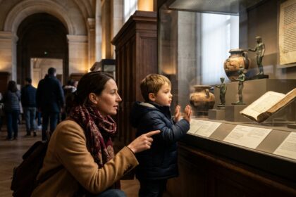 Mère et enfant explorant une exposition dans un musée parisien pendant les vacances de la Toussaint