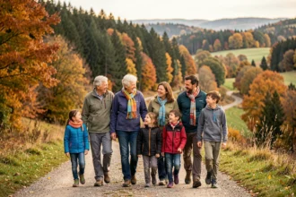 Famille multigénérationnelle se promenant ensemble dans la nature du Grand Est, entourée de forêts alsaciennes aux couleurs d'automne