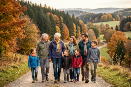 Famille multigénérationnelle se promenant ensemble dans la nature du Grand Est, entourée de forêts alsaciennes aux couleurs d'automne