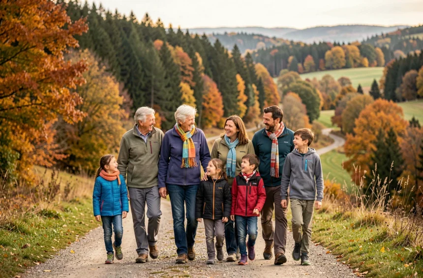 Famille multigénérationnelle se promenant ensemble dans la nature du Grand Est, entourée de forêts alsaciennes aux couleurs d'automne