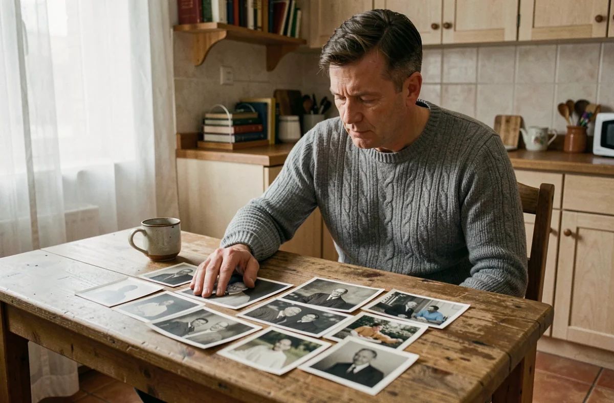 Homme contemplant de vieilles photos de famille en souvenir de son père disparu dans une cuisine chaleureuse